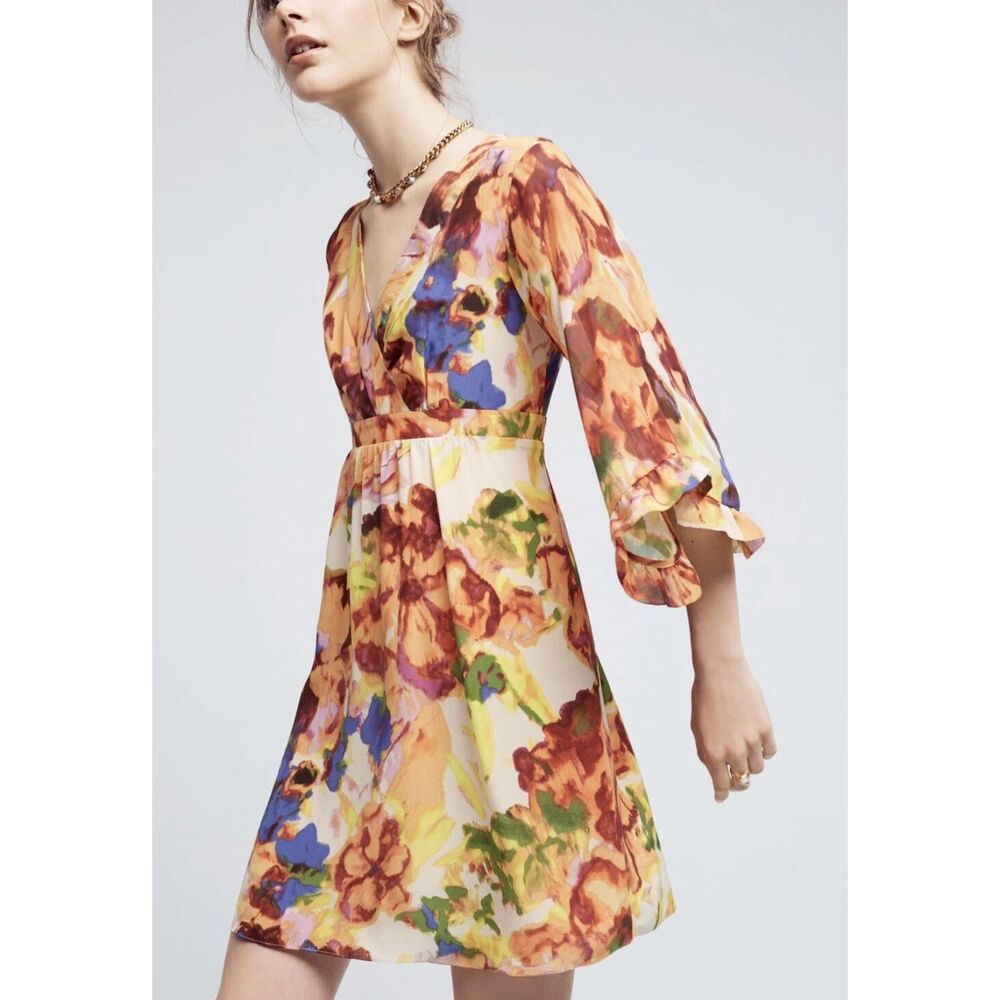 Anthropologie Maeve Jaida Silk Kimono Dress Women's 8 Watercolor Floral Fairy